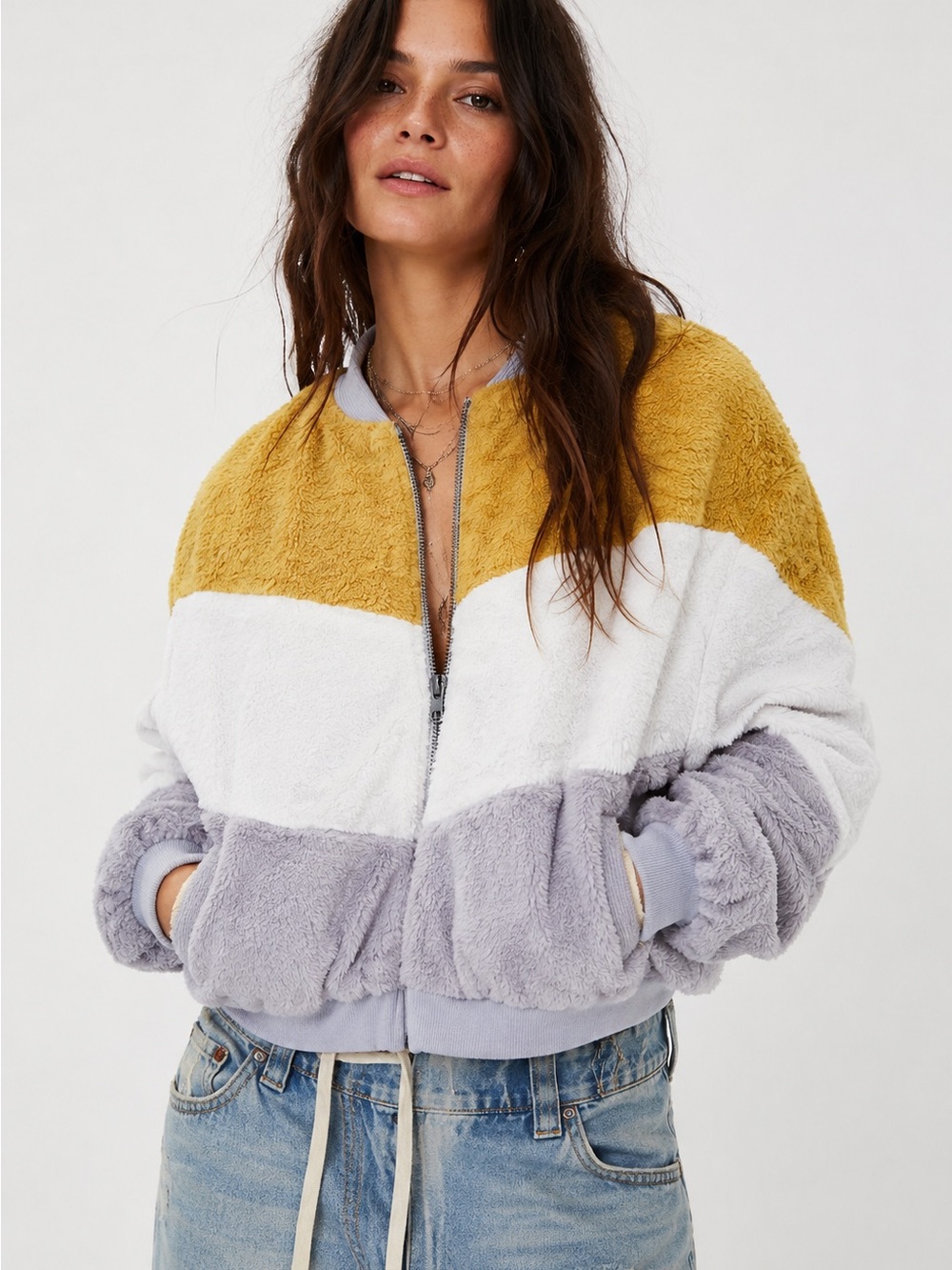 Paper Crane Colorblock Faux Fur Teddy Bomber Jacket Mustard Cream Gray Large